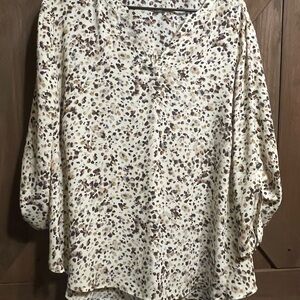 Maurices 2X Cream and Brown Patterned Blouse
